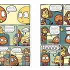 Comic mit Schülern im Bus. Sie bemerken einen Unbekannten ohne Uniform. Er sagt, er sei versehentlich eingestiegen. Schüler reagieren erstaunt.