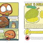 „WHAT IS DURIAN?“ – Illustration eines Comics. Eine Person probiert Durian, erschrickt wegen des starken Geruchs und sagt: „This tastes like someone farted in my mouth.“