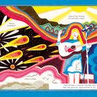 „Joni is Stardust.“ „Joni is the hissing of summer lawns.“ Buntes, abstraktes Gemälde mit Frau und Gitarre.