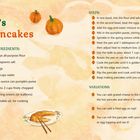 "Lao Ye's Pumpkin Pancakes." Rezept für 6. Zutaten und Schritte beschrieben, unter anderem Mehl, Eier, Kürbispüree.