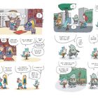 Comic-Illustration: Ein Kind erzählt daheim, dass ein junger Ork in die Klasse kam. Dialoge thematisieren Vorurteile und Freundschaft.