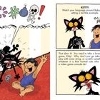 Katze flucht, Kind lacht. Katze mit Controller. Erwachsener kritisiert. Katze verwundert. Comic-Stil.