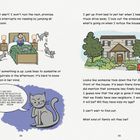 Texte beschreiben eine Szene mit einer Katze namens Luna, die im Raum herum springt, während jemand liest. Plötzlich wird ein Lastwagen gehört. Ein Haus wird gezeichnet.