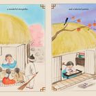 Text: "A long, long time ago, in a faraway village in the East, there lived a girl." Eine Illustration zeigt ein Mädchen, das malt, erzählt und singt.