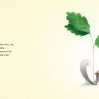 Text: „You know what they say, Great Haha... The acorn doesn't fall far from the tree.” Illustration: Graues Eichhörnchen mit Eichel und zwei großen grünen Blättern.