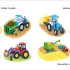 "Sprayer, spreader, trailer. Loader... planter, plow! Harvester and baler..." Illustration von Traktoren bei der Feldarbeit.
