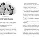 CHAPTER SEVEN SKATING WITH PENGUINS. Zwei Pinguine in Schlittschuhen stehen nebeneinander auf Eis. Der Text beschreibt eine kalte, glitzernde Landschaft.