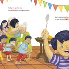 Text: "Today is a special day. Our pamilya is having a reunion. We’re making my favorite treat to beat the heat: HALO-HALO!"

Szene: Eine fröhliche Familienfeier mit jungen und alten Personen, einem Kind mit Besteck und Dessertglas in der Hand.