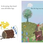 Links: "In spring, they found some old hollow logs." Rechts: Zwei Igel in Baumstämmen umarmen sich.