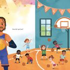 Text "How did I get here?" und "WELCOME." Ein Basketballspieler hält den Ball, Kinder spielen Basketball in einer Turnhalle.