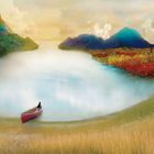 „beyond what their wishes could wish it to be.“ Ein Hund läuft auf ein Kanu am See zu, umgeben von Bergen und Bäumen.