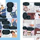 Comic mit Dialogen. Links: Charaktere diskutieren über gremlins, Täuschung und unbesiegbare Kreaturen. Rechts: Training mit einem Buch, Schwertübungen. Figuren zeigen Entschlossenheit.