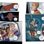 Illustration: Kinder im Raumschiff, fröhlich, in orange-blauen Anzügen. Text enthält Countdown-Dialoge zum Abflug.