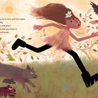 Text: "Or you may see it time and time again, day after day, in the same wild place and begin to feel you know it, that you are friends." Illustration: Mädchen läuft fröhlich mit Tieren und Vögeln in natürlicher Umgebung.