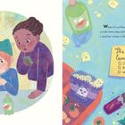 „When I’m at Mom’s house, she writes me a note...“ Ein Junge isst Pizza, zwei Kinder schauen zu. Lunchbox mit Snacks.