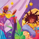 Zwei Menschen in bunten, königlichen Gewändern: Eine Person steht mit erhobener Hand, die andere sitzt lässig im Thron. Texte oben links und rechts.