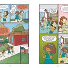 Ein Comic zeigt Kinder beim Sprechen und Spielen in und vor einer Bibliothek. Eine amerikanische Flagge ist sichtbar.