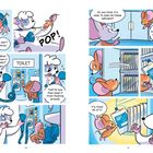 Sprechblasen: "I can't move!", "What does it say?", "TOILET", "Do you think it’s okay...", "I'm pretty sure...", "It’s food! All of it!"  
Comic mit Mäusen in Weltraumumgebung.