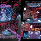 Mehrere Panels mit Schrifteffekten wie "WOOOOM", "SCRAAAUU", "GROWAARR", Figuren in Action, Panik und Spannung.