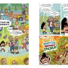 Comic-Szene: Figuren auf Straße, sprechen über einen Film mit einem Dinosaurier. Farbenfroh, viele Menschen und Tiere.