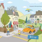 Text: "Everyone in this town has a pet." Belebte Szene mit Tieren: Ein Hund im Auto, Entenfamilie überquert Straße.