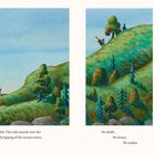 Texte: "The boy found the island peaceful..." "No skulls..." "The island seemed safe..." Illustration: Grüner Hügel, Junge mit Stock.