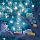 "Moon Dreams & Moon Beans“ auf einem Schild. Illustration: Ein Tier liest im Baum, umgeben von leuchtenden Blumen.