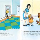 Links: Mutter und Kind werden von einem Mann gerufen. Rechts: Kind umarmt einen Welpen, Mutter schaut zu, viele Welpen.