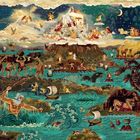 Illustration mit Göttern und mythischen Kreaturen, darunter Poseidon mit Dreizack und riesiger Hydra im Wasser.