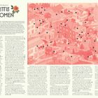 "The World of Little Women" oben links. Illustration einer Stadt mit Nummern und Menschen in alltäglichen Szenen.