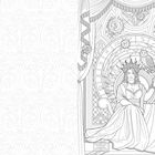 Eine Frau sitzt auf einem Thron mit astrologischen Symbolen, eine Eule sitzt auf ihrer Hand, umgeben von Vorhängen.