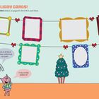 Text: "HOLiDAY CARDS!", "Look at all these holiday cards from our pals!", "I can cardly believe it!". Illustration mit einem Elefanten, einem Schwein, leeren Kartenrahmen, einem Weihnachtsbaum und Geschenken.