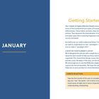 Links "JANUARY" in Weiß auf Blau, rechts Text über Gewohnheiten und Planung. Unterer Abschnitt in Gelb mit Hinweis zu Weltanschauung.