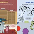 Links: Text "HATS OFF!", "BIG HATS", "WIDE HATS", "SMALL HATS". Elefant und Schweinchen mit Hüten.

Rechts: Text "MORE BALLS". Elefant und Schweinchen spielen mit einer Schlange.