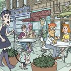 Links: "The Café" und eine Liste von Dingen, die mit "E" beginnen. Rechts: Eine Straßenszene vor einem Café mit Menschen und Tischen.