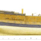 Illustration eines historischen Segelschiffs mit detailliertem Heck und vielen Verzierungen. Text: "London".