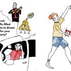 Text links: "Why not use a traffic-filled work commute to dream up plans for your ideal party?" Illustration: Autoszene.

Text rechts: "Why not waltz to your alarm clock?" Illustration: Frau tanzt mit Wecker.