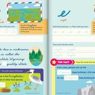 Lernseite über Schreibschrift. Links über "Everglades National Park" mit Pflanzenbild; rechts "eagle" mit Adler und Flagge.