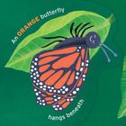 An ORANGE butterfly hangs beneath. Ein Schmetterling und ein Marienkäfer sind auf grünen Blättern.