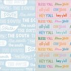Links: Vielfach "THE SOUTH" in verschiedenen Schriftarten auf blauem Hintergrund. Rechts: Bunte Felder mit "BLESS Y'ALL", "all y'all", "HEY Y'ALL".