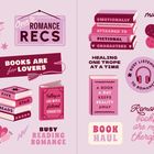 Illustration mit romantischen Buchzitaten, Büchern, Kopfhörer und Pflaster in Rosa- und Rottönen.