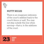 Text: "NUTTY RULES: There is an imaginary extension..." Datum: 23, Freitag, Juli, 2027. Illustration: Figur mit Tennisschläger.