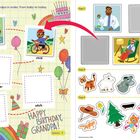 "Put the photos of Grandpa in order, from baby to today."  
Links bunte Kinderzimmermotive, rechts Sticker mit Tieren und Objekten.