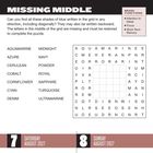 "MISSING MIDDLE" ist der Titel. Es ist ein Wortgitter-Puzzle mit verschiedenen Blautönen wie AQUAMARINE, AZURE, usw.