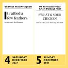 Linker Text: "It rattled a few feathers." Rechter Text: "SWEAT & SOUR CHICKEN." Unten: "4 SATURDAY DECEMBER 2027", "5 SUNDAY DECEMBER 2027."