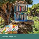 Tuesday, May 4, 2027. Bücher entlang eines Wanderwegs, Kanarische Inseln, Spanien. Bücher auf Baumstümpfen.
