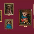 Texte: "SHRINKING VIOLETS", "ROSIE", "ALAN", "HARRIET", "MABLE", "CUTE PETE", "PEARL". 

Illustration: Hunde in formeller Kleidung als Gemälde.