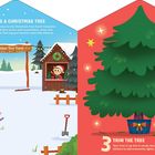 2: TAG A CHRISTMAS TREE. Willkommen auf der Christmas Tree Farm! Illustrierte Winterlandschaft mit Bäumen und einer Hütte.