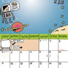 Kalenderillustration für Juli mit Comic-Astronauten, Planeten und Sprechblasen: „How did THAT get out here?“ und „That's so weird!“.