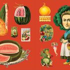 "See New Variety of Corn" in der Mitte. Illustration von Obst, Gemüse, Frau mit Kohlblättern als Hut auf rotem Hintergrund.